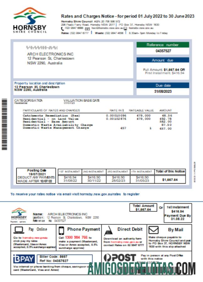 Projeto de lei de negócios de serviços públicos de NSW Hornsby Shire Council SCR amostra
